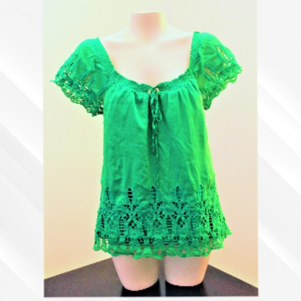 Anthropologie Lu Lu Lame Green Eyelet Blouse Small